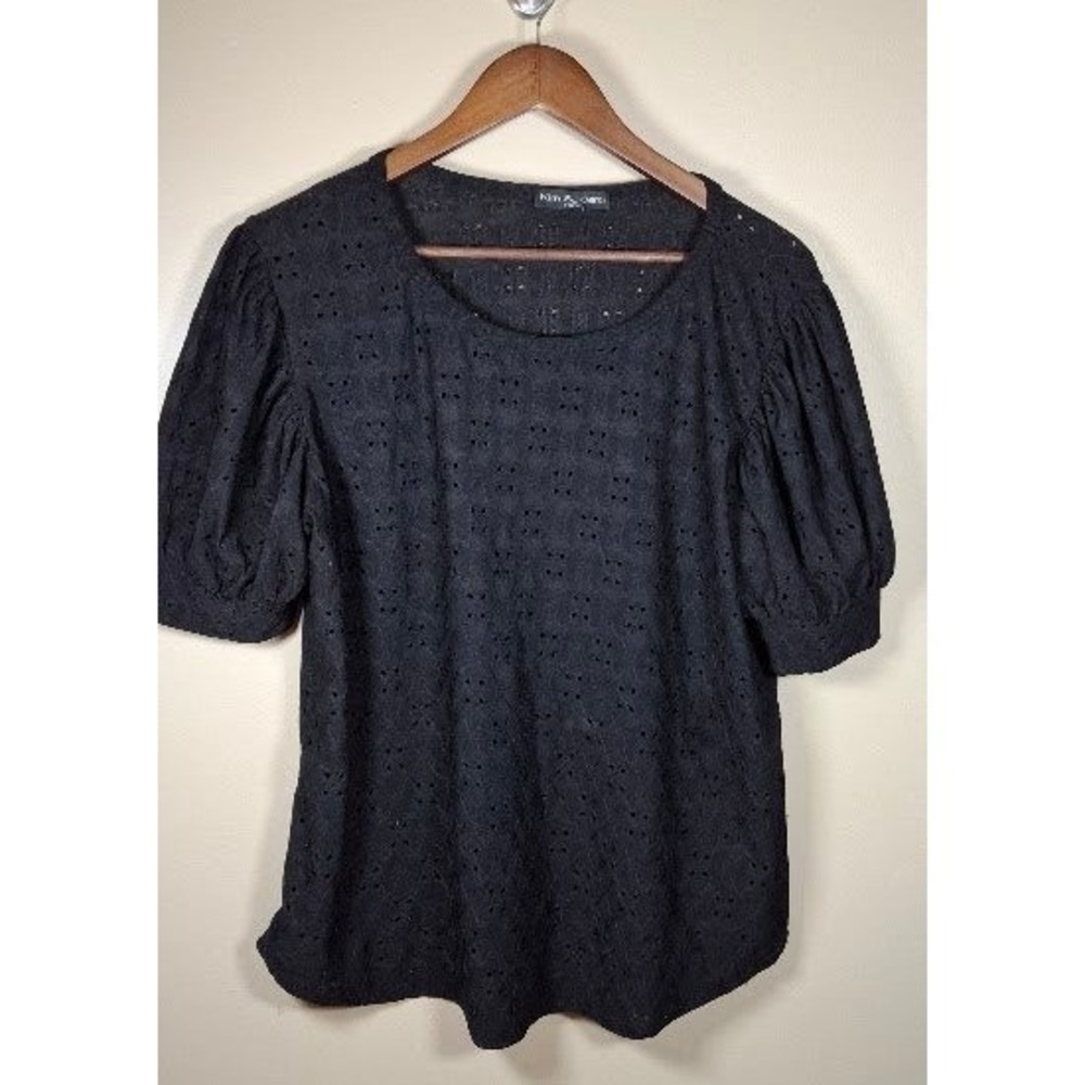 Kim & Cami Black Eyelet Puff Sleeve Scoop Neck Blouse Top XL